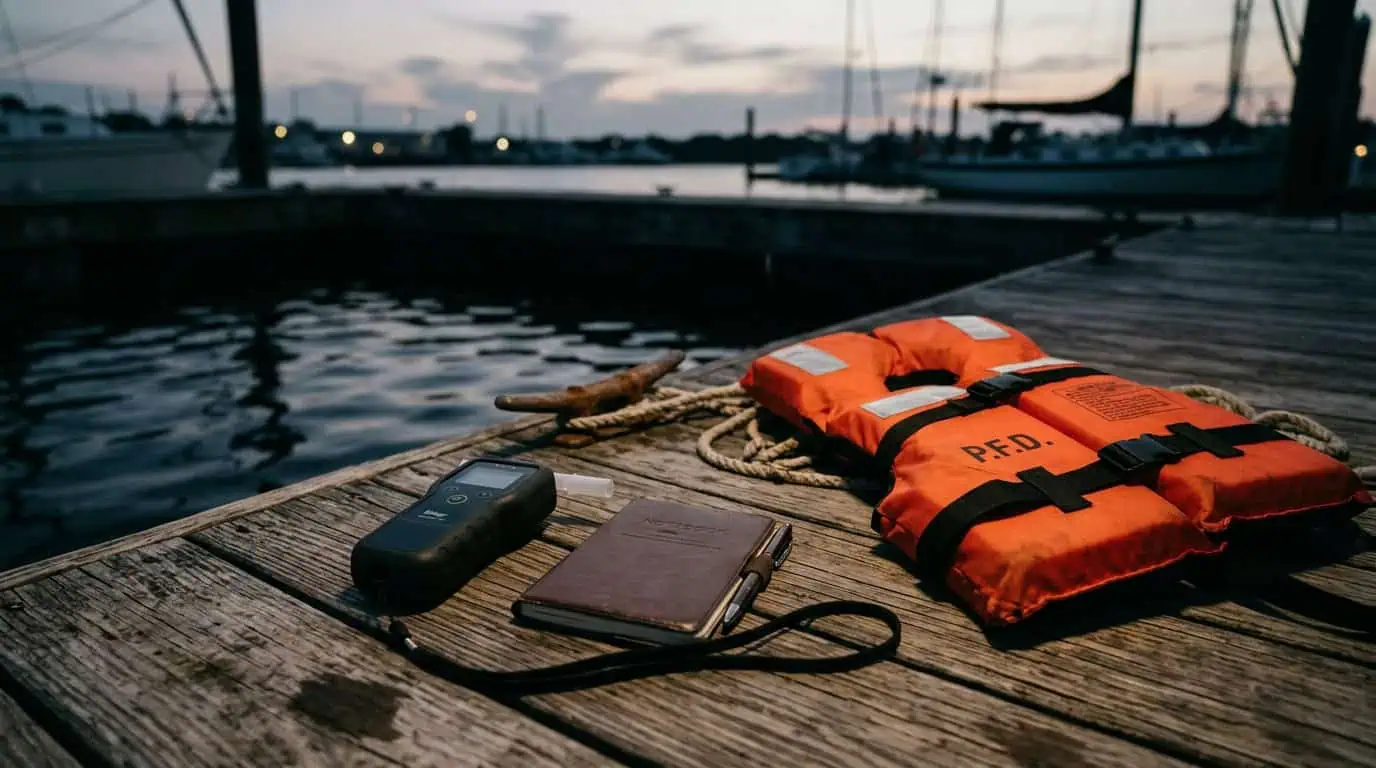 Breathalyzer and notes on a boat dock representing BWI sobriety testing and defense in Texas