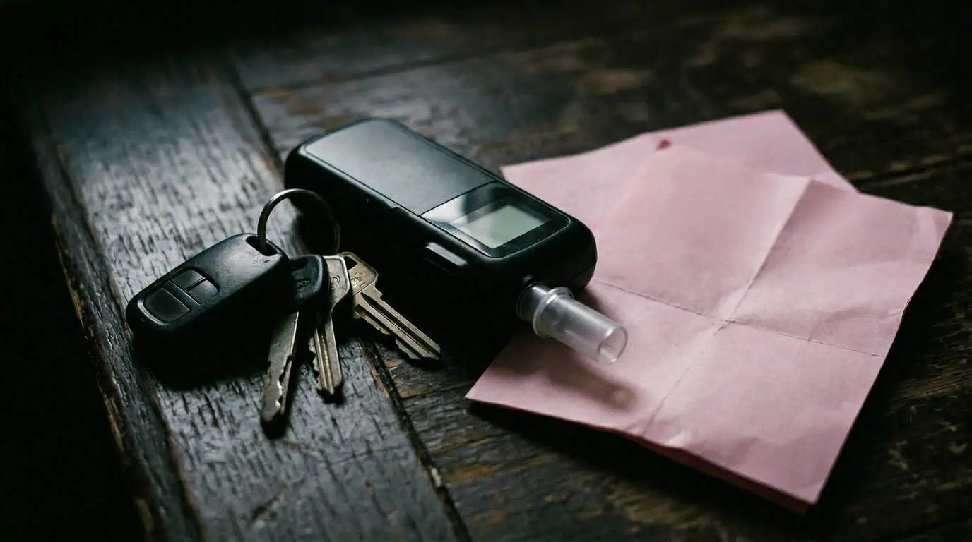Breathalyzer, car keys, and a license suspension notice representing the first-time DWI process in Texas