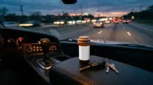 Prescription pill bottle and car keys on a car console showing how prescription medications cause a DWI arrest in Texas