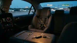 Empty child car seat and car keys inside a vehicle at dusk, representing a Texas DWI with a child passenger charge