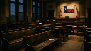 Empty Texas criminal courtroom, representing the felony stakes of a third DWI in Texas